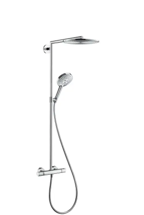 Hansgrohe Duschpaneel mit Kopf- und Handbrause, montiert an der Wand, ausgestattet mit einem Thermostat zur Temperaturregelung. 